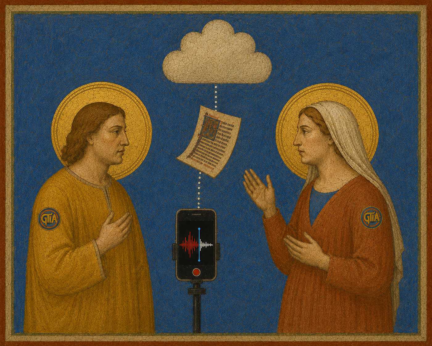 Two GTIA figures recording a negotiation, styled after a Giotto fresco